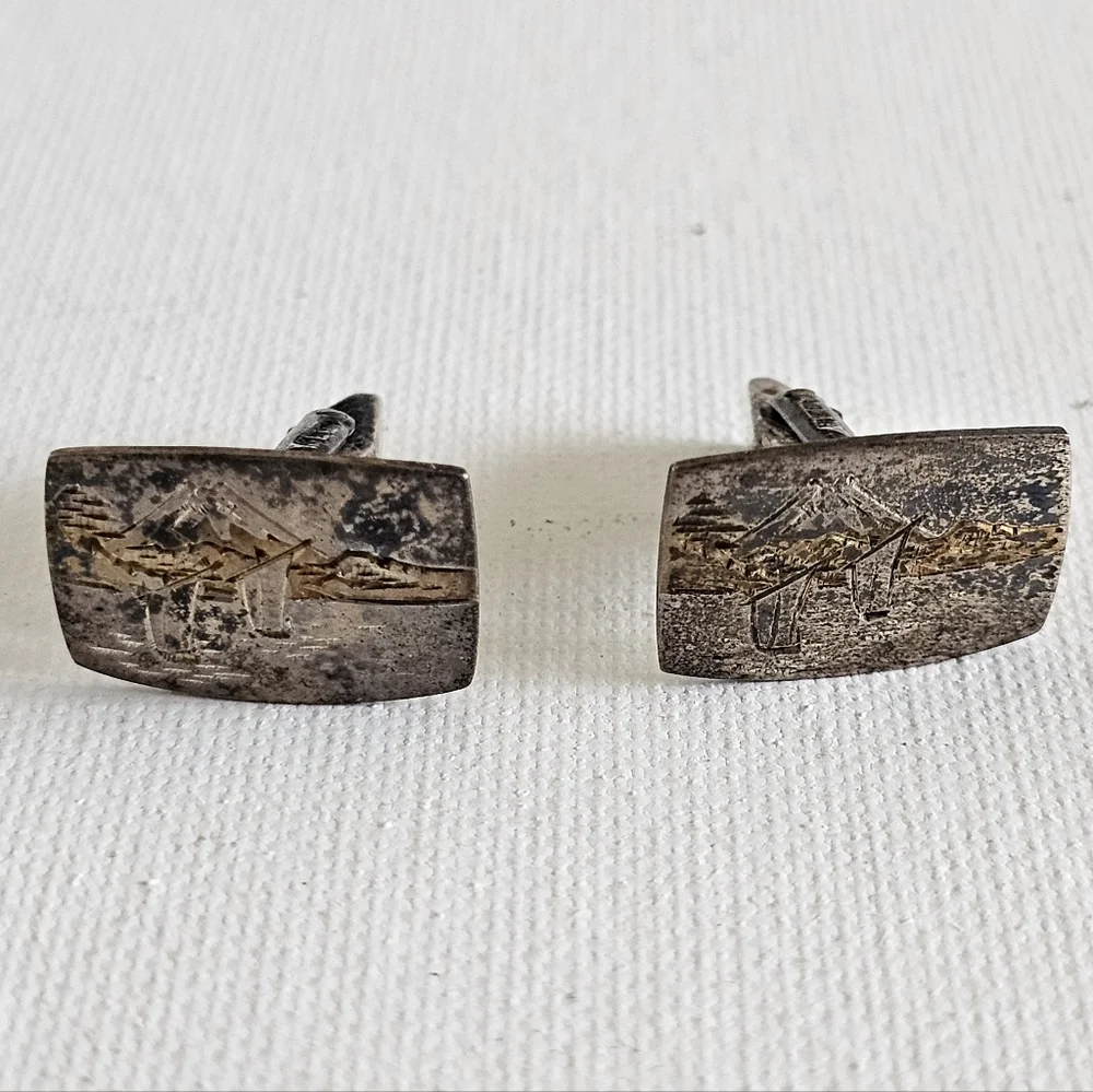 Vintage Sterling 950 Cuff Links Boats And Mountain